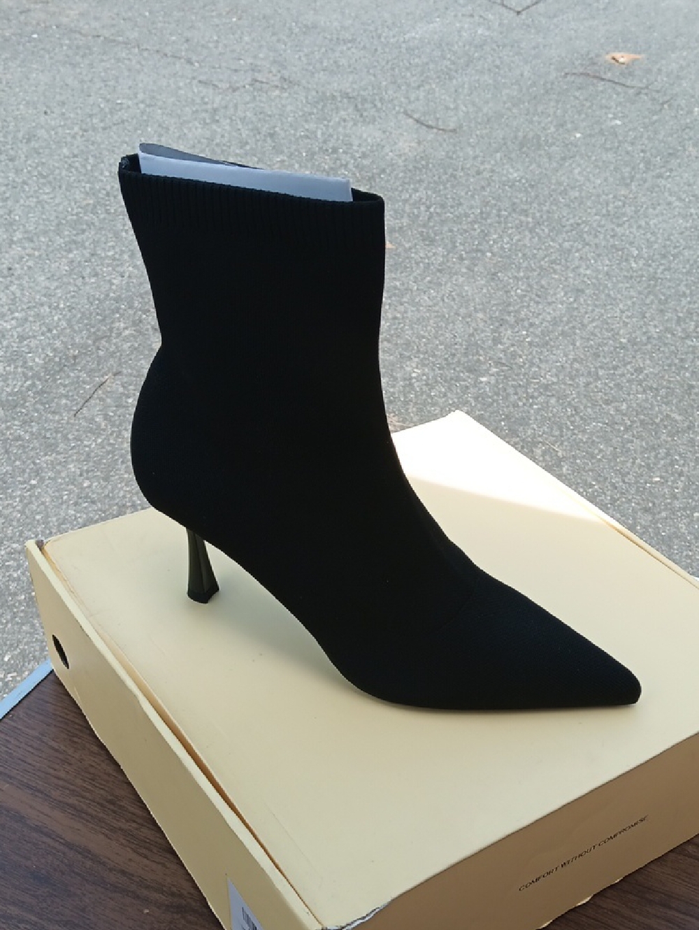 Black Stretch Knit Pointed Sock Bootie with Kitten Heel